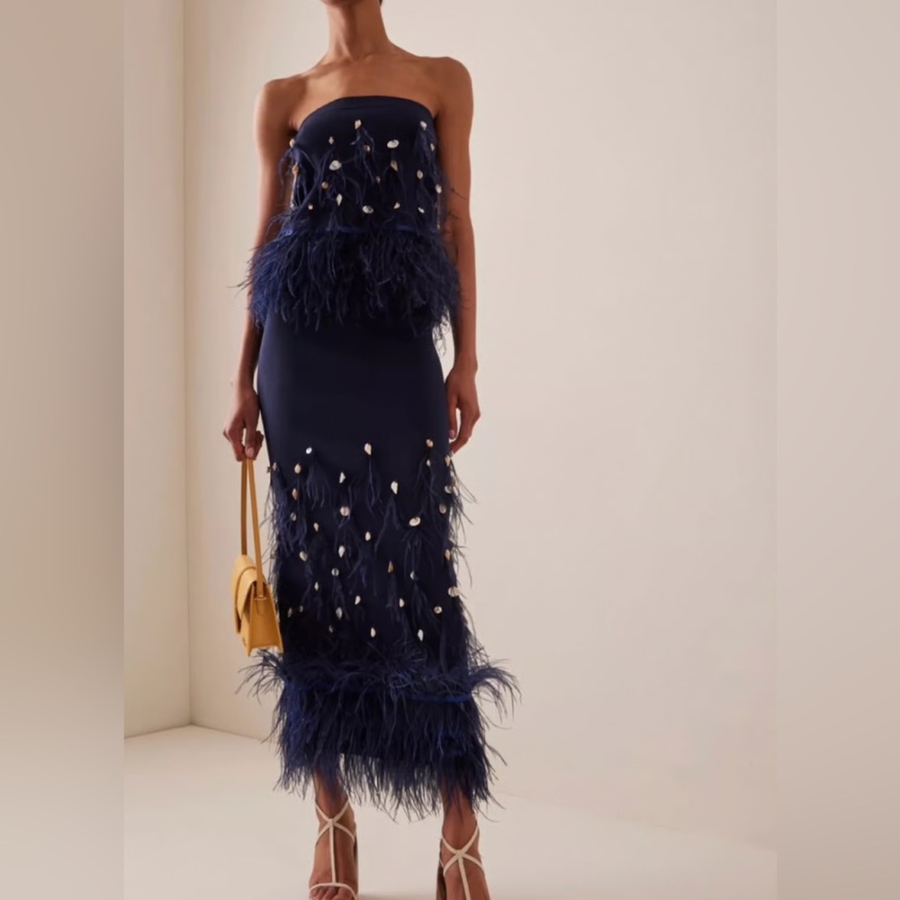 STAUD Navy Feathered Maxi Dress